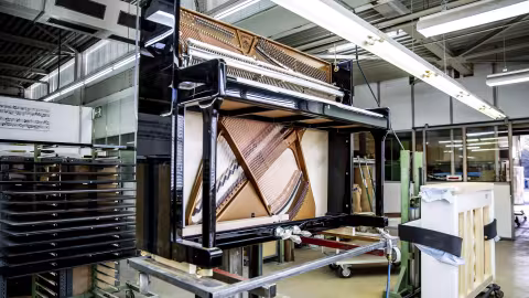 Ein Piano gibt den Blick auf sein Innenleben mit der Saitenbespannung.
